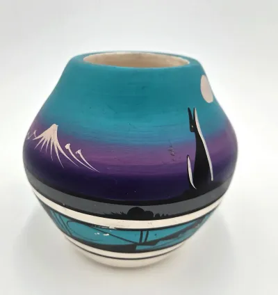 Signed Southwestern Art Pottery Vase Desert Night Coyote Moon Hand Painted