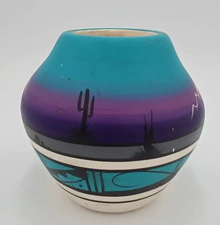 Signed Southwestern Art Pottery Vase Desert Night Coyote Moon Hand Painted