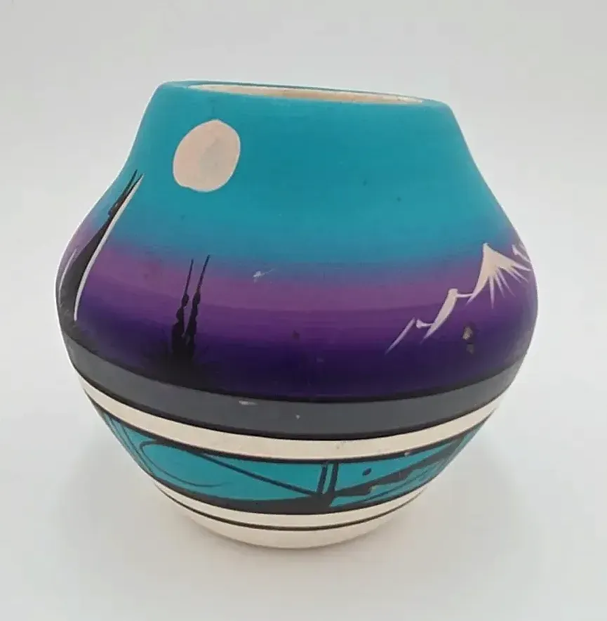 Signed Southwestern Art Pottery Vase Desert Night Coyote Moon Hand Painted