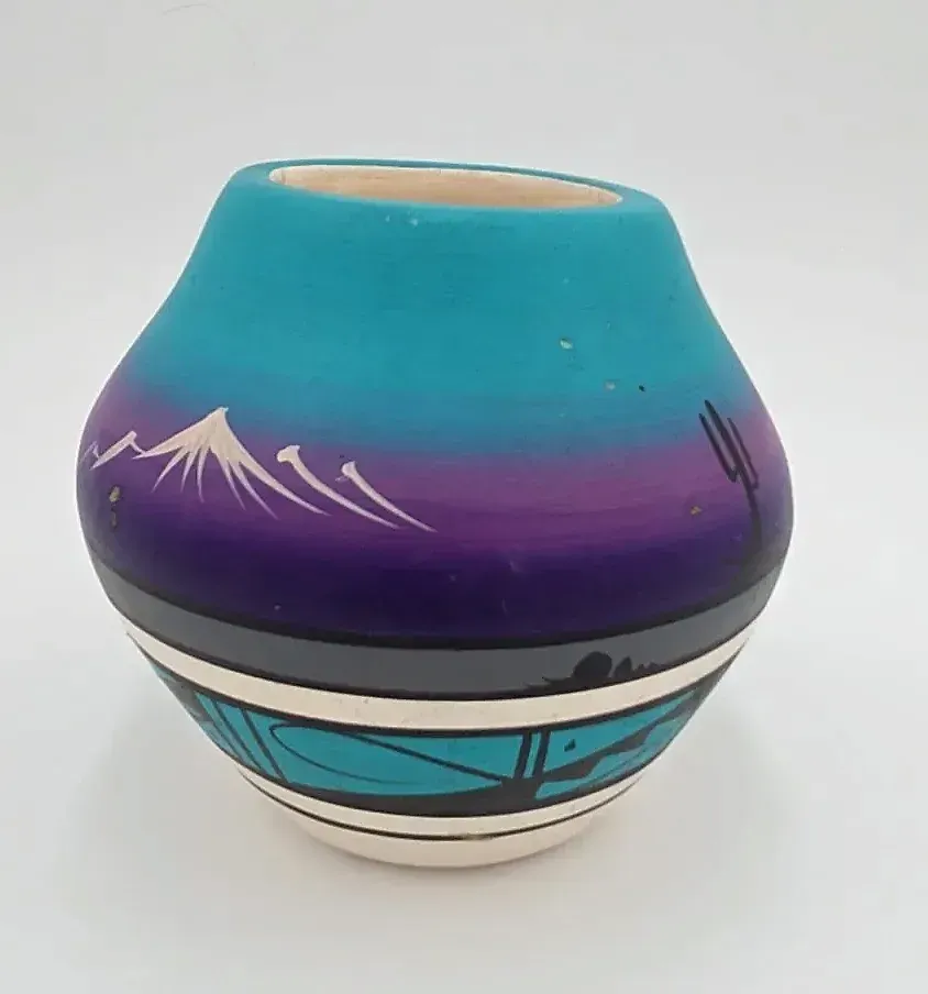 Signed Southwestern Art Pottery Vase Desert Night Coyote Moon Hand Painted