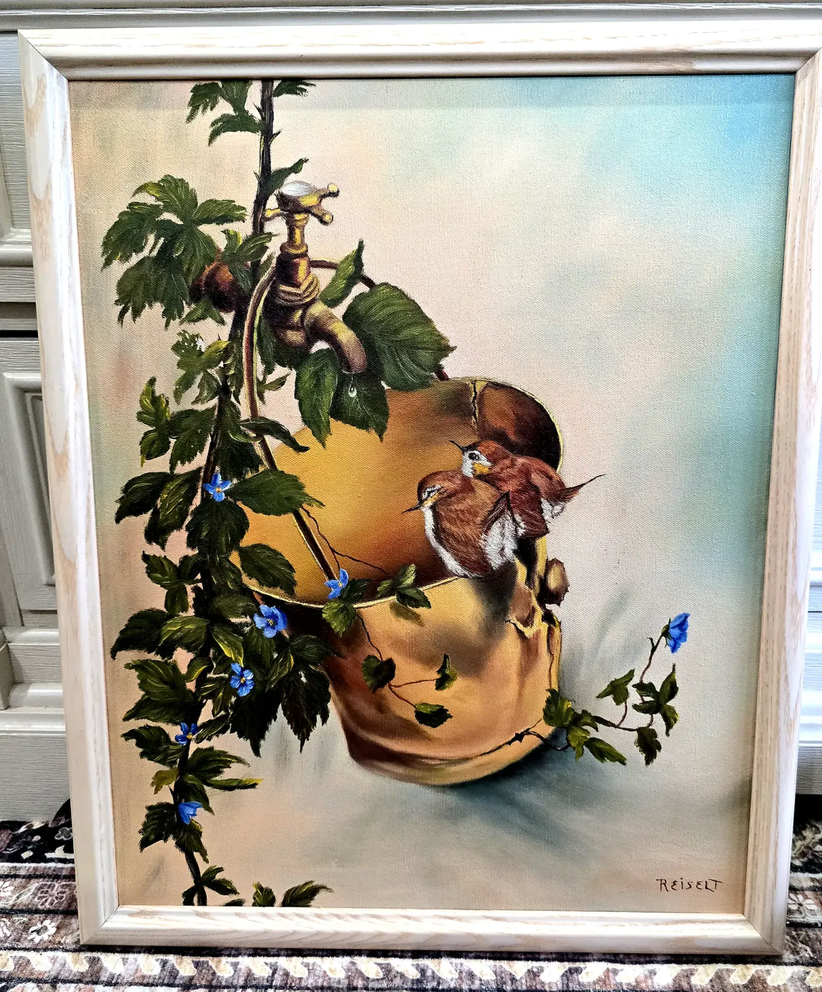 Vintage Reiselt Signed Bird Oil Painting Two Wrens on Broken Bucket Framed — side view