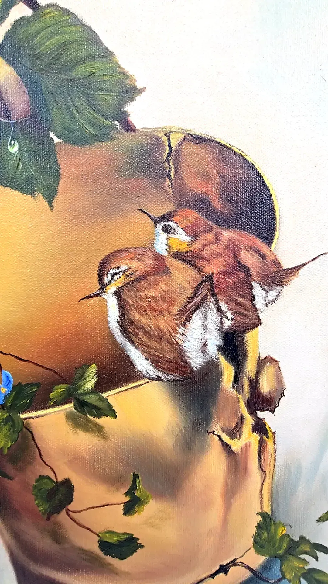 Vintage Reiselt Signed Bird Oil Painting Two Wrens on Broken Bucket Framed — detail