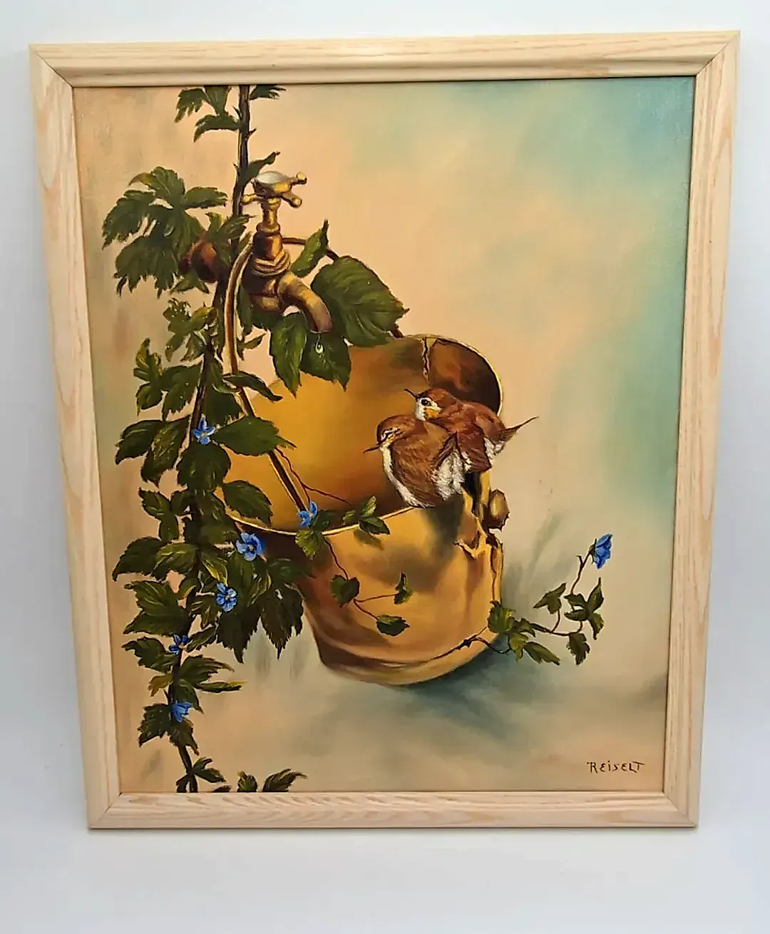 Vintage Reiselt Signed Bird Oil Painting Two Wrens on Broken Bucket Framed