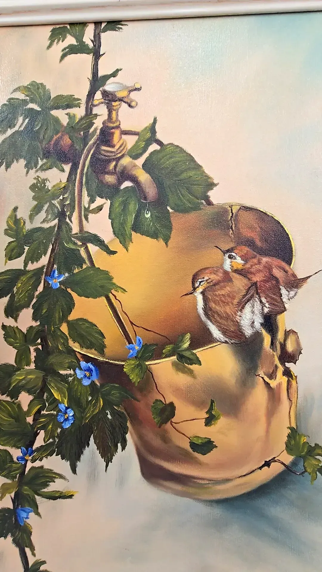 Vintage Reiselt Signed Bird Oil Painting Two Wrens on Broken Bucket Framed — maker's mark