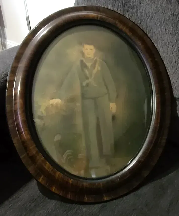 Antique WWI 1917 Merchant Marine Sailor Portrait Wood Frame Convex Bubble Glass