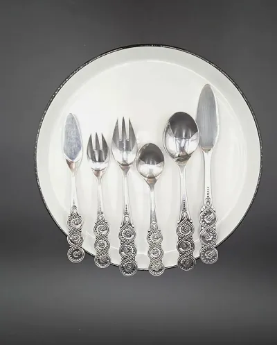 Vintage International Stainless Japan IE 9000 Flatware Serving Set 49 Pc Bird Handle Mid Century