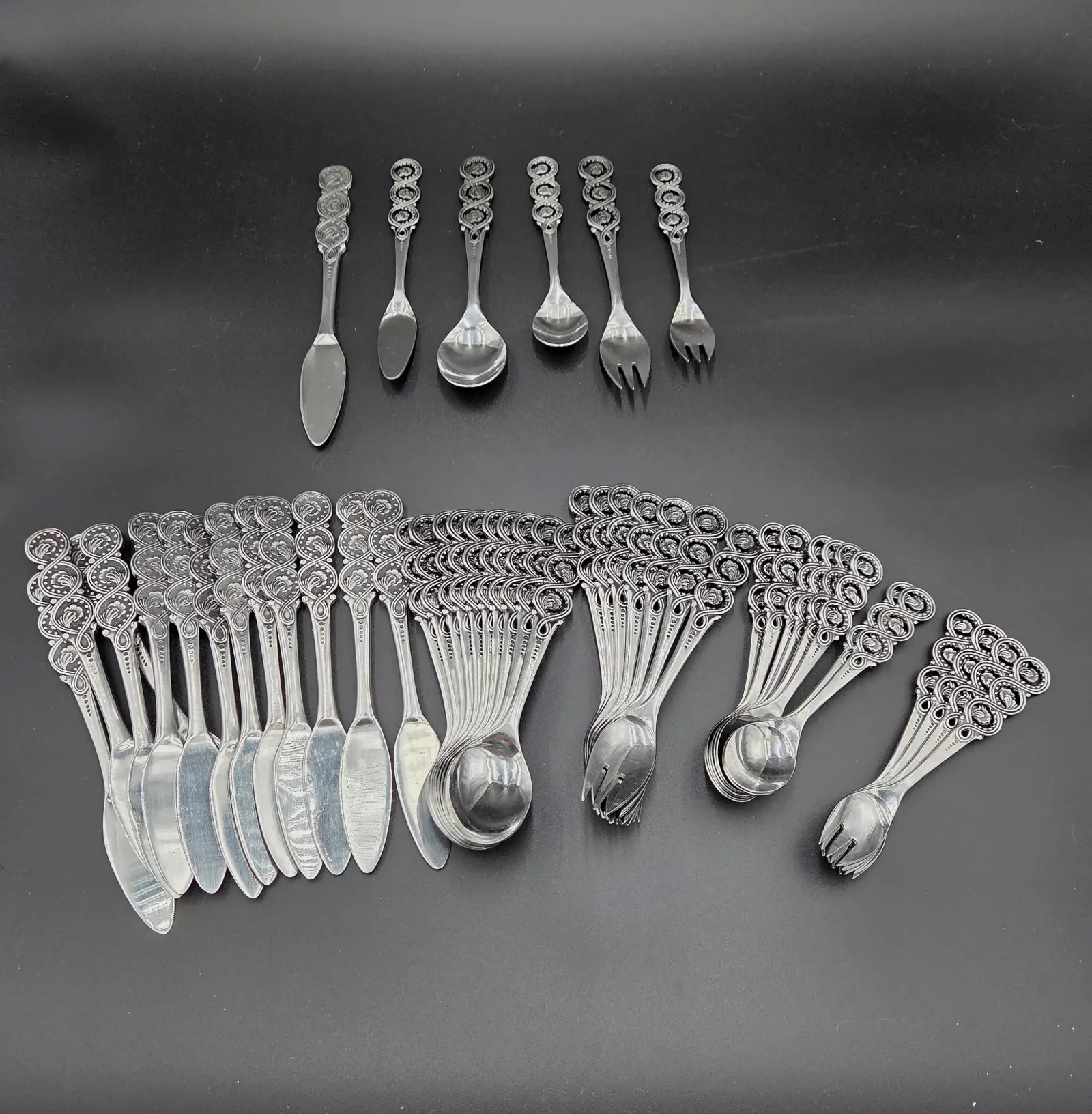 Vintage International Stainless Japan IE 9000 Flatware Serving Set 49 Pc Bird Handle Mid Century