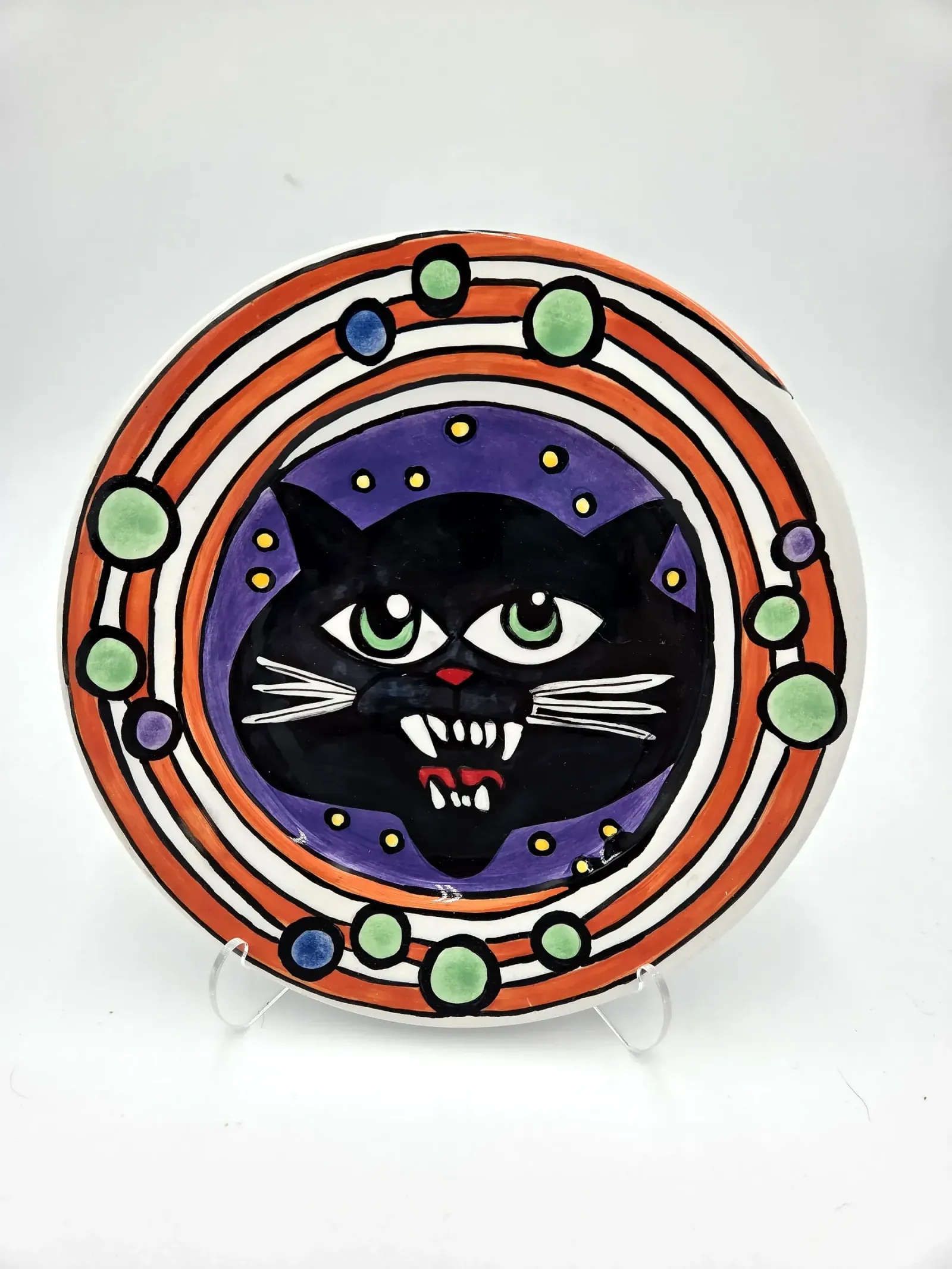 Nicole Englom Black Cat Halloween Art Pottery Plate 8" Hand Painted Folk Art Decor