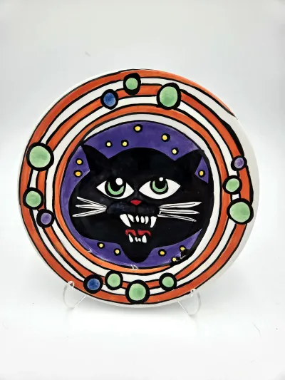 Nicole Englom Black Cat Halloween Art Pottery Plate 8" Hand Painted Folk Art Decor
