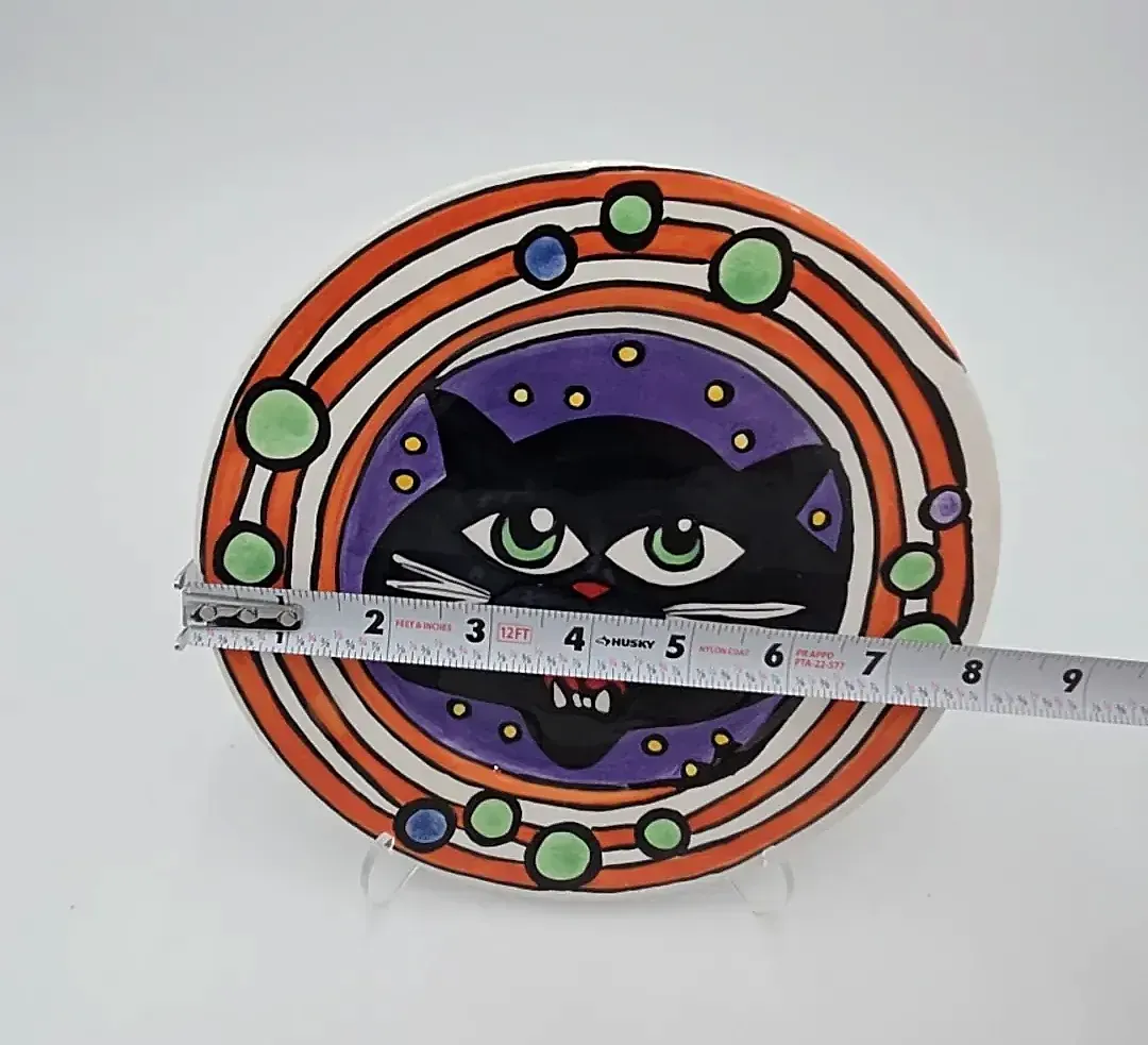Nicole Englom Black Cat Halloween Art Pottery Plate 8" Hand Painted Folk Art Decor