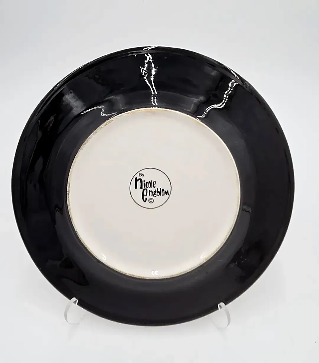 Nicole Englom Black Cat Halloween Art Pottery Plate 8" Hand Painted Folk Art Decor