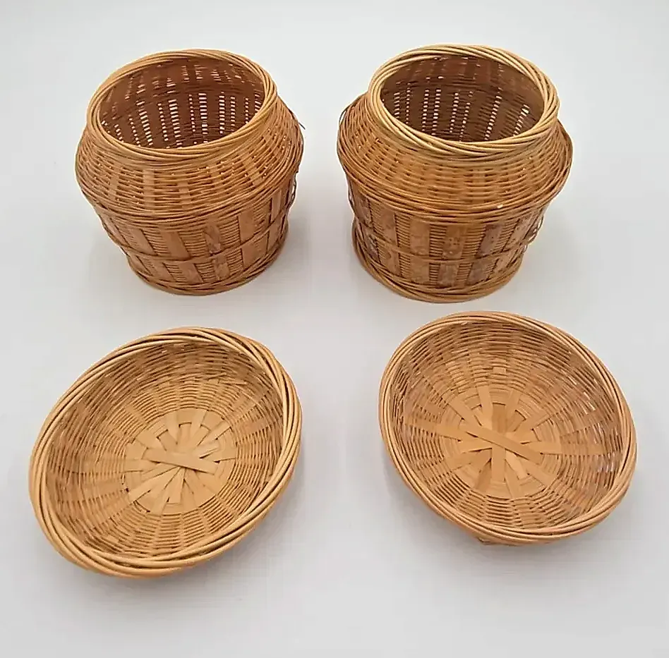 Vintage Wicker Lidded Storage Baskets Set of 2 Handwoven Rattan Cottage Farmhouse Decor