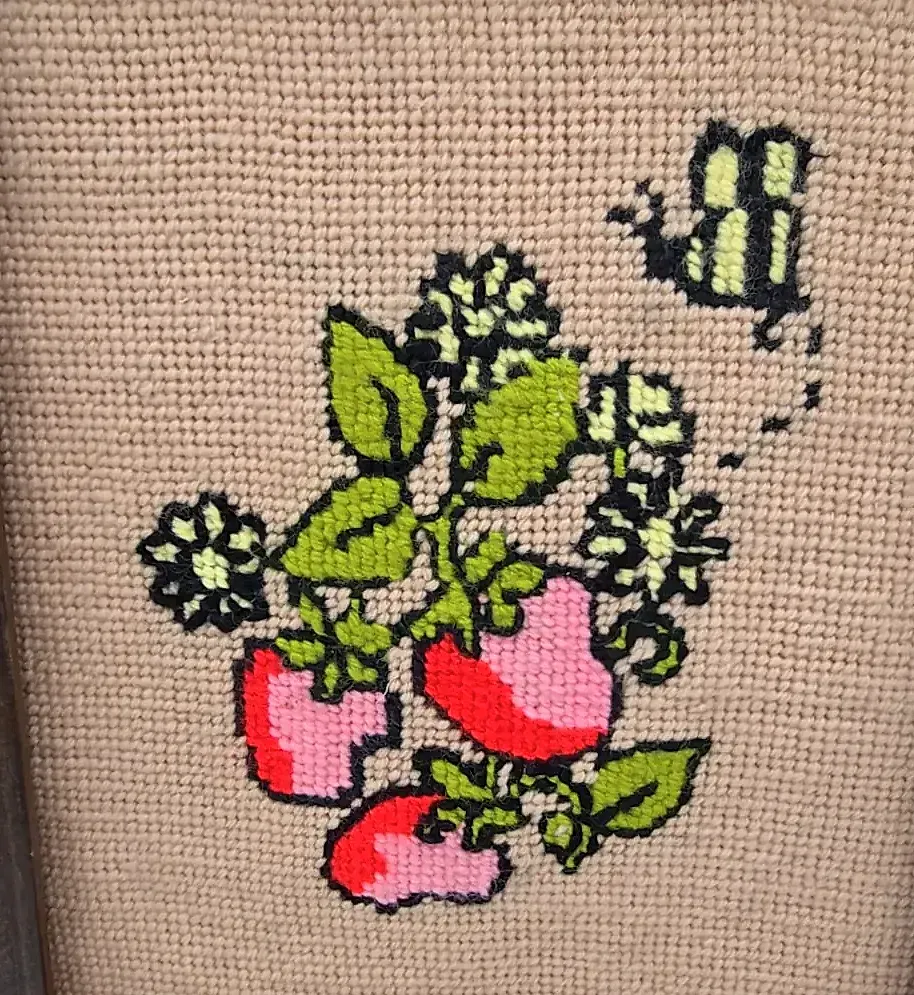 Vtg Finished Cross Stitch Framed Strawberry Bumblebee Needlepoint Art — side view