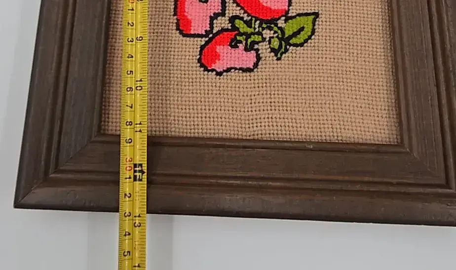 Vtg Finished Cross Stitch Framed Strawberry Bumblebee Needlepoint Art — maker's mark