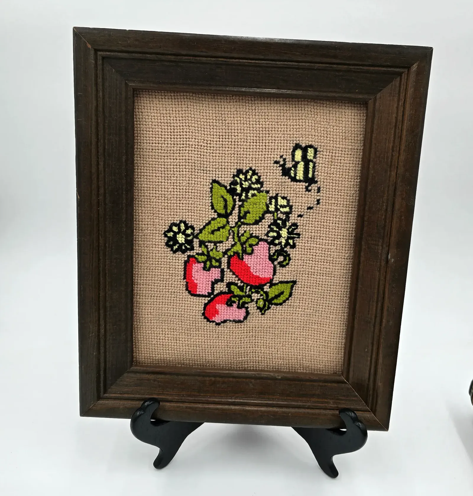 Vtg Finished Cross Stitch Framed Strawberry Bumblebee Needlepoint Art