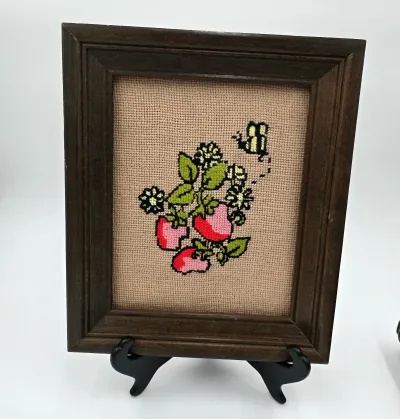 Vtg Finished Cross Stitch Framed Strawberry Bumblebee Needlepoint Art