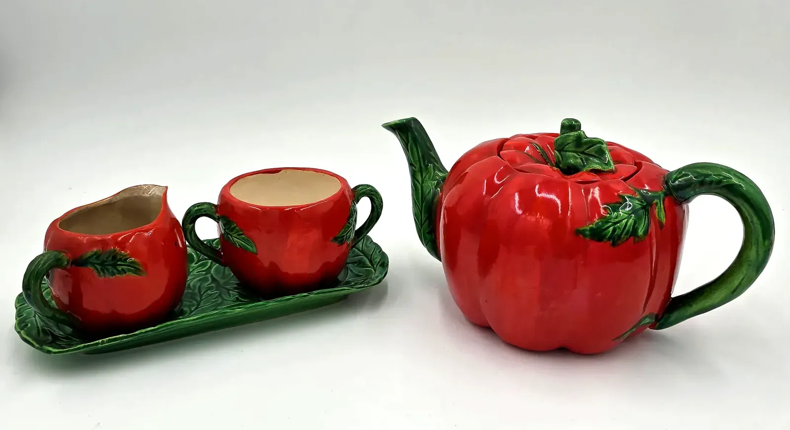 Vintage Maruhon Ware Tomato Tea Set Teapot Creamer Sugar Tray Occupied Japan
