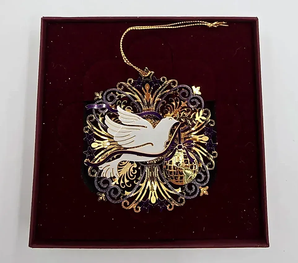 Baldwin Peace Dove Christmas Ornament 24k Gold Finish Brass Chem Art Boxed — side view