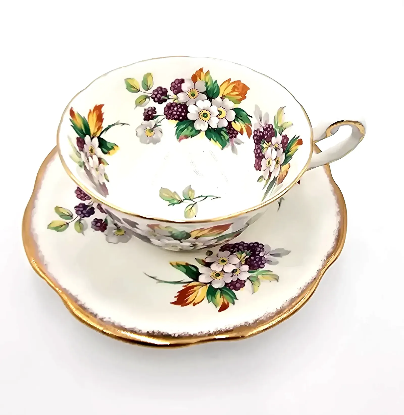 Vintage Rosina Bone China Tea Cup & Saucer Floral Berry Bouquet Made in England
