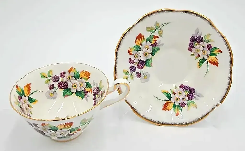 Vintage Rosina Bone China Tea Cup & Saucer Floral Berry Bouquet Made in England