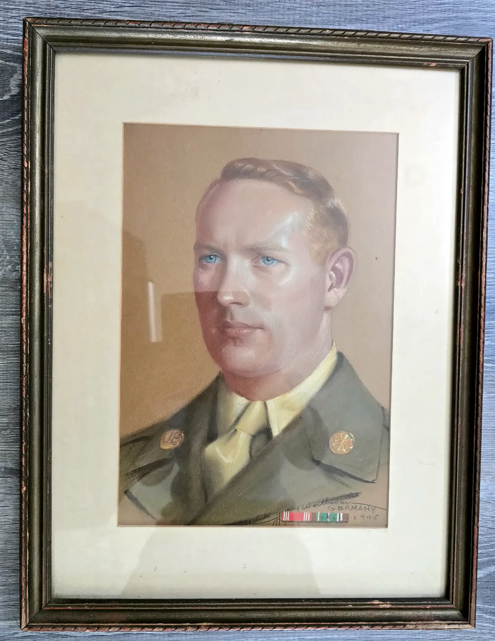 Vintage 1945 WWII US Army Ordnance Corps Soldier Pastel Portrait Signed Germany