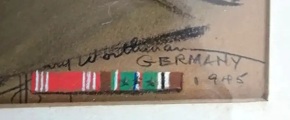 Vintage 1945 WWII US Army Ordnance Corps Soldier Pastel Portrait Signed Germany — detail