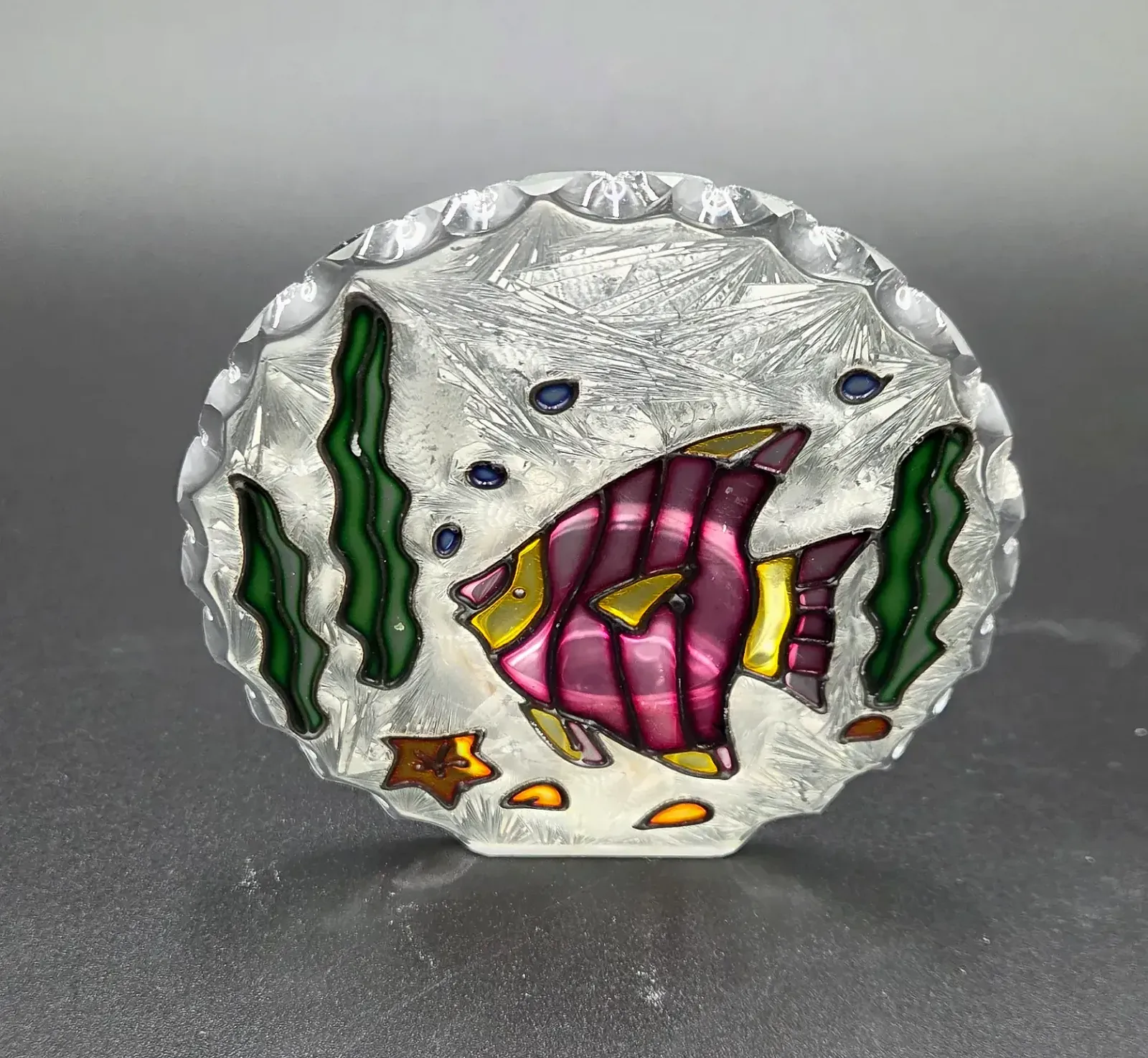 Vintage Tropical Fish Art Glass Tea Light Candle Holder Frosted Stained Glass Style