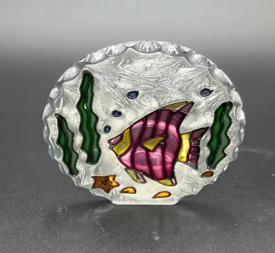 Vintage Tropical Fish Art Glass Tea Light Candle Holder Frosted Stained Glass Style