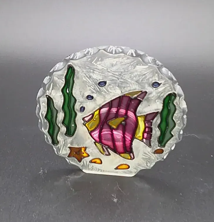 Vintage Tropical Fish Art Glass Tea Light Candle Holder Frosted Stained Glass Style