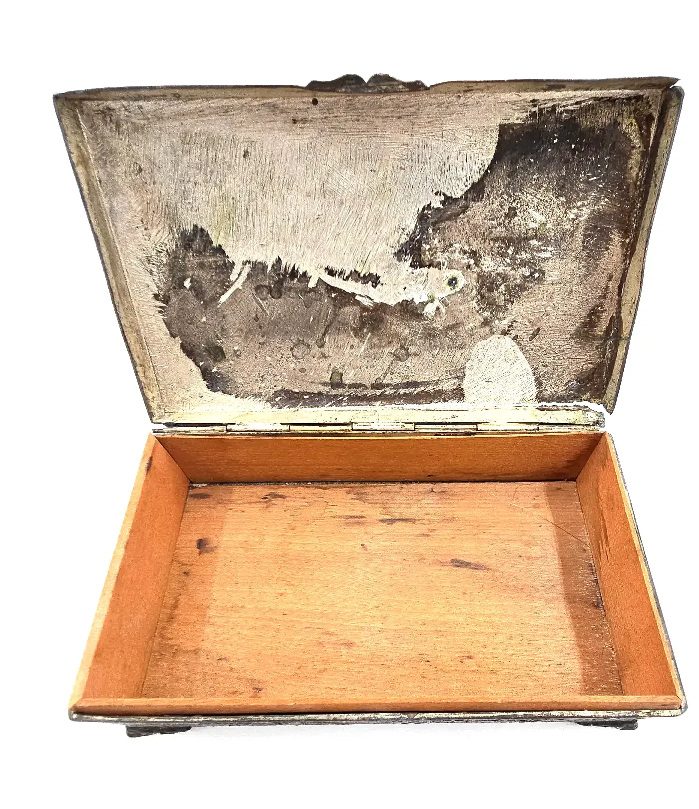 Vintage Occupied Japan Metal Trinket Box Wood Lined Footed Dutch Windmill Scene — underside