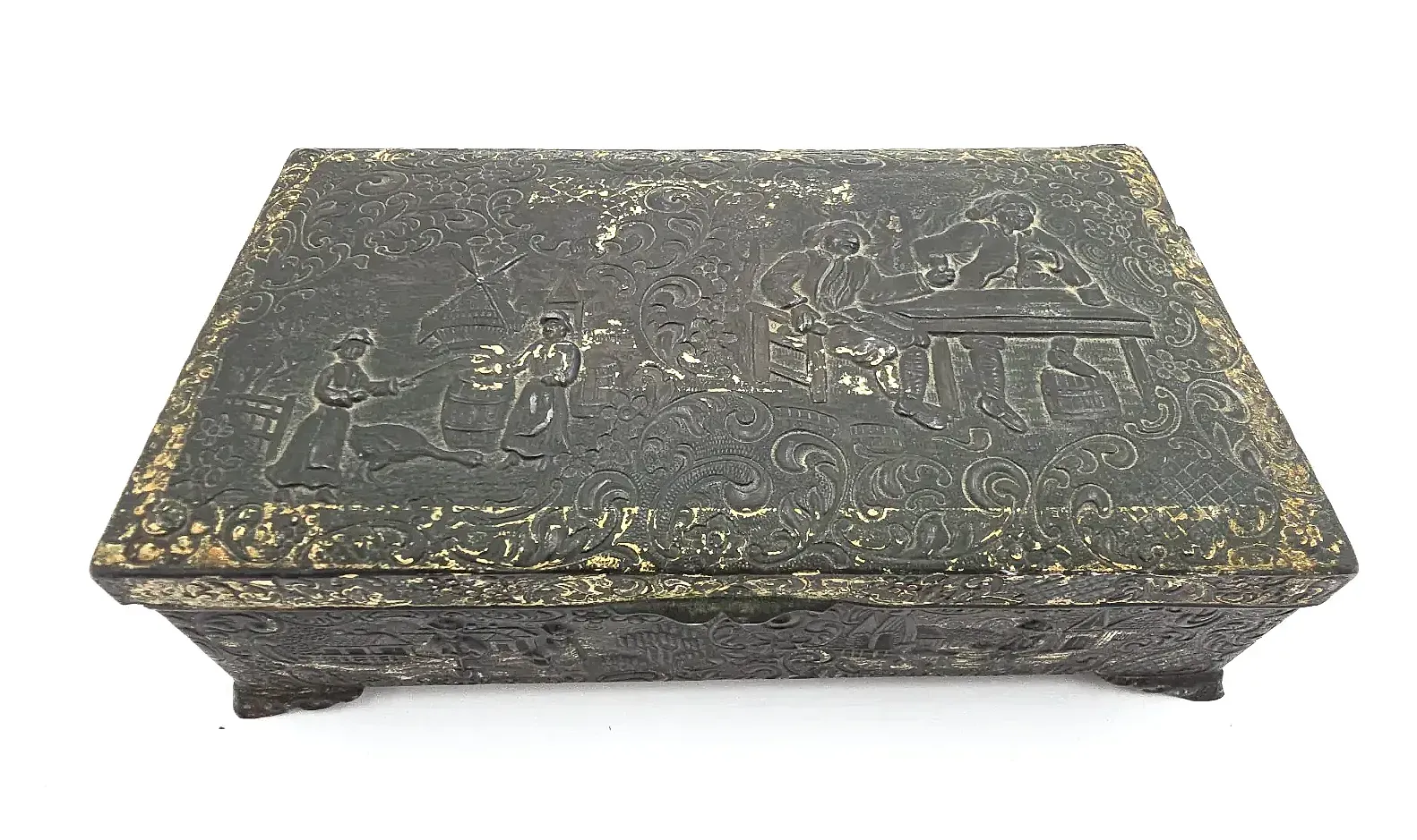 Vintage Occupied Japan Metal Trinket Box Wood Lined Footed Dutch Windmill Scene — side view