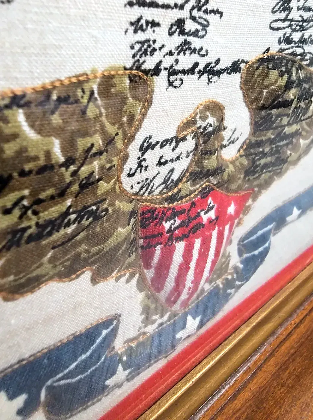 Vintage Bicentennial 3D Applique Embroidered Declaration of Independence Art — detail