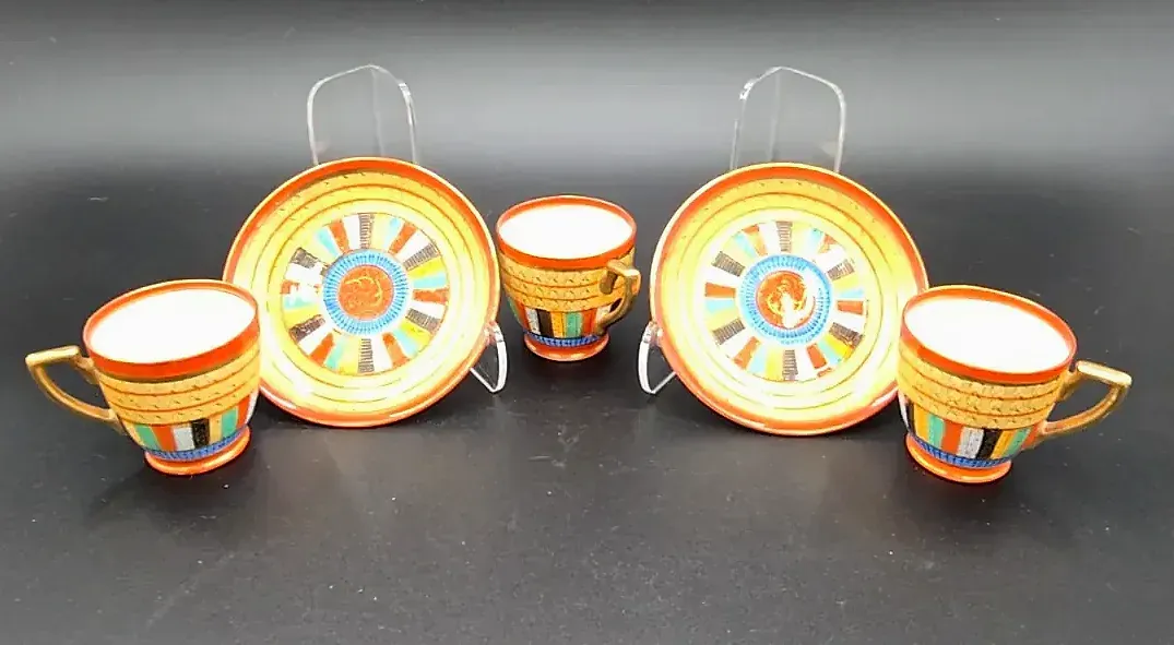 Vintage Chikaramachi Japan Thousand Faces Porcelain Demitasse Cup Saucer Set Lot of 5 Pieces