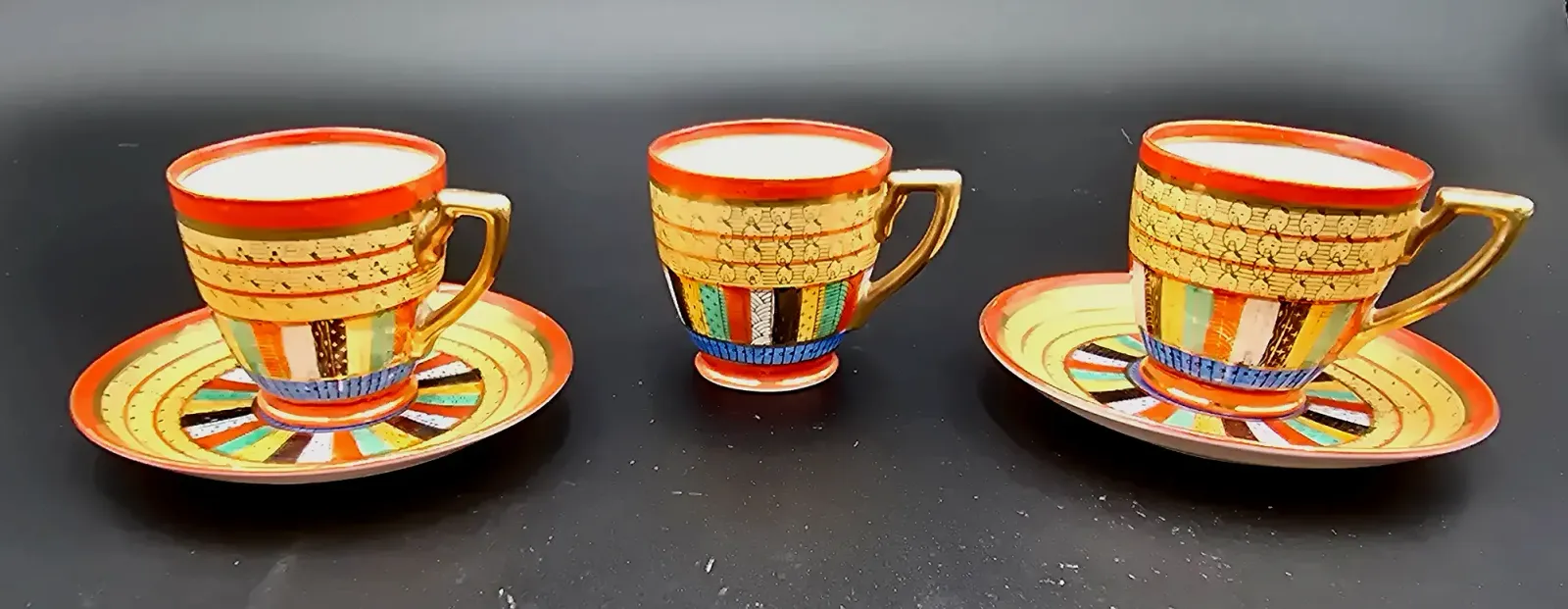 Vintage Chikaramachi Japan Thousand Faces Porcelain Demitasse Cup Saucer Set Lot of 5 Pieces