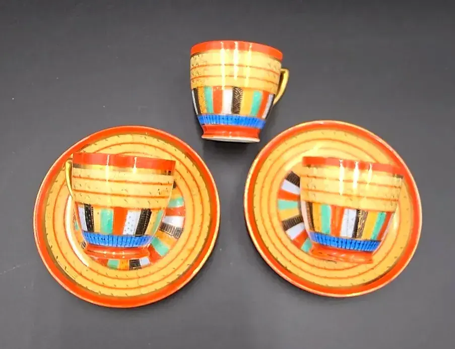 Vintage Chikaramachi Japan Thousand Faces Porcelain Demitasse Cup Saucer Set Lot of 5 Pieces