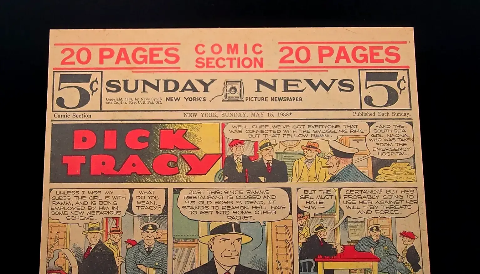 Vintage Original 1938 Dick Tracy Sunday News Comic Section Front Page – May 15, 1938 Mounted Display