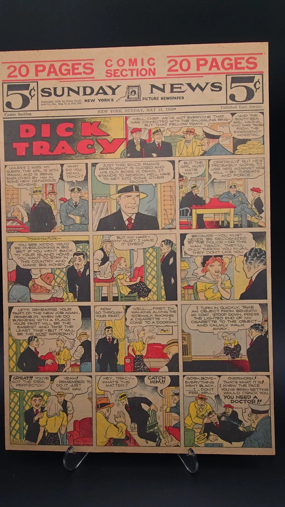 Vintage Original 1938 Dick Tracy Sunday News Comic Section Front Page – May 15, 1938 Mounted Display