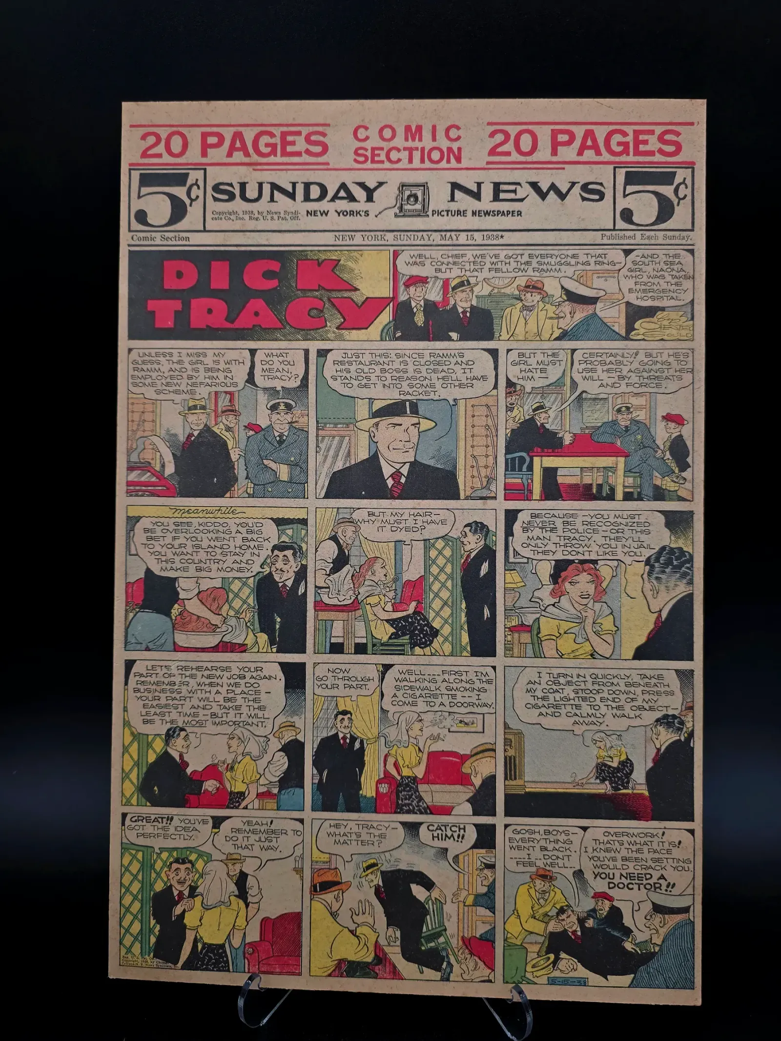 Vintage Original 1938 Dick Tracy Sunday News Comic Section Front Page – May 15, 1938 Mounted Display