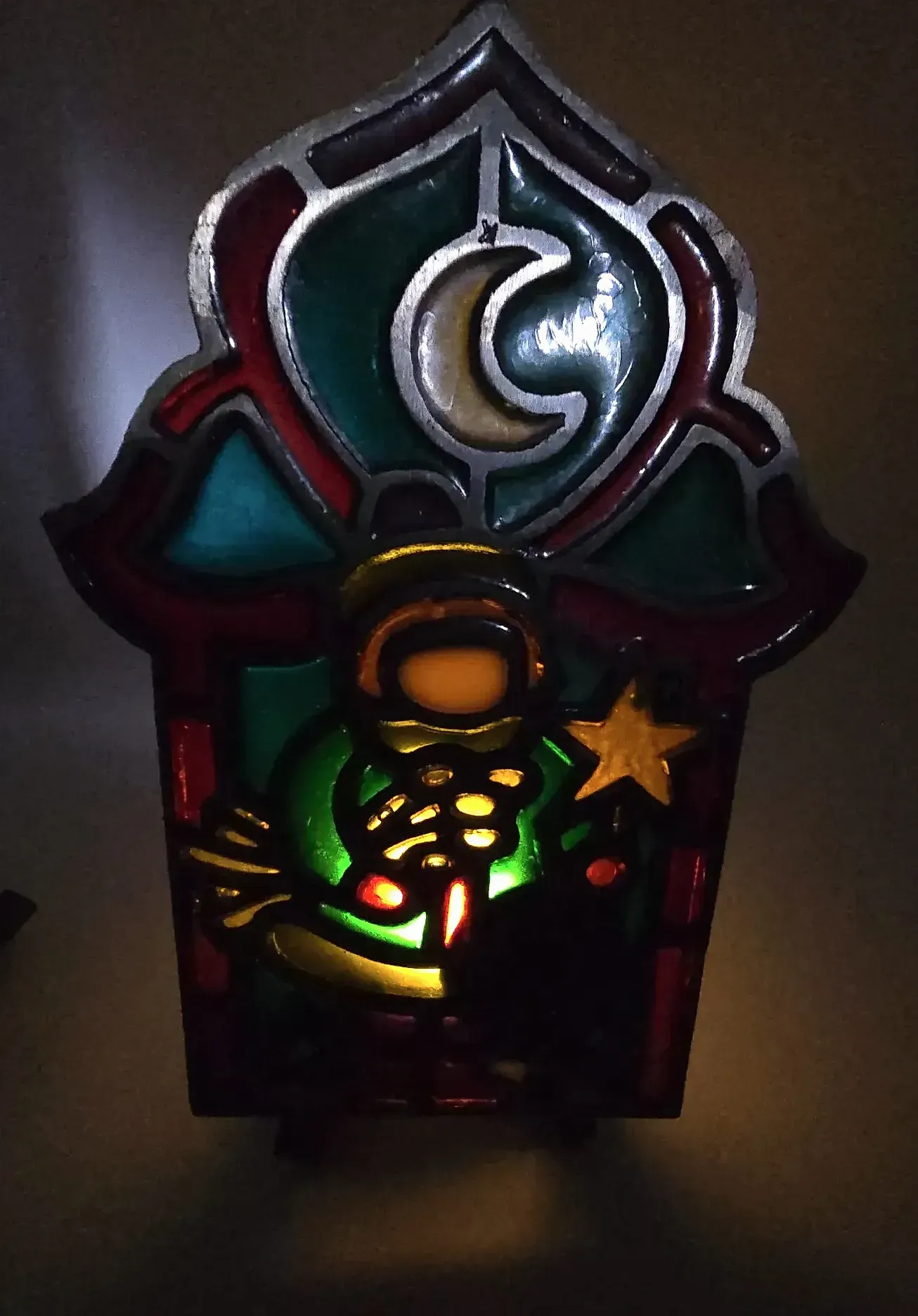 Vintage Polish Christmas Cast Iron Stained Glass Star Boy Candle Holders Pair — detail