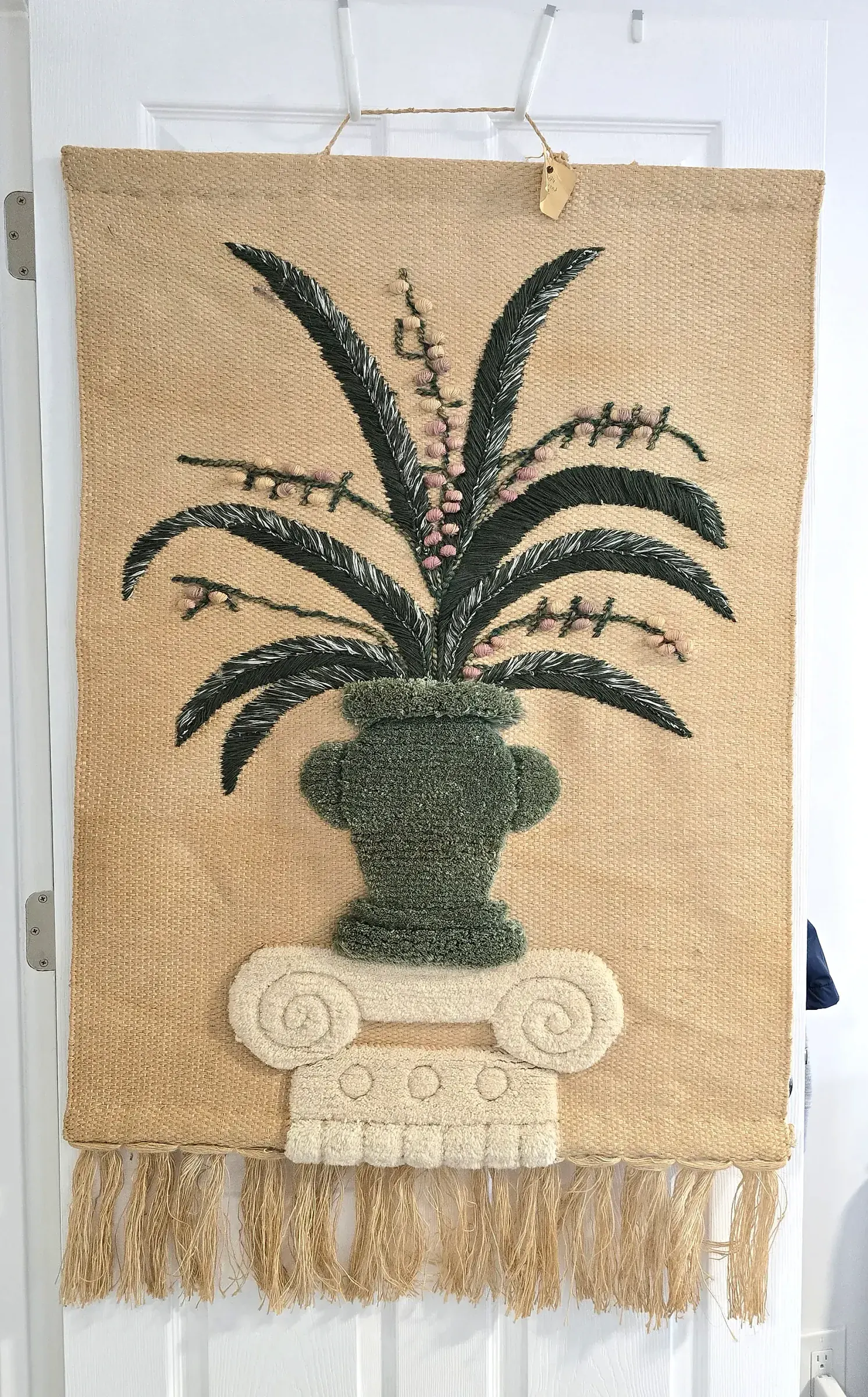 Vintage Jute Woven Wall Hanging 70s Boho Tufted Palm Urn Column Fiber Art Tag