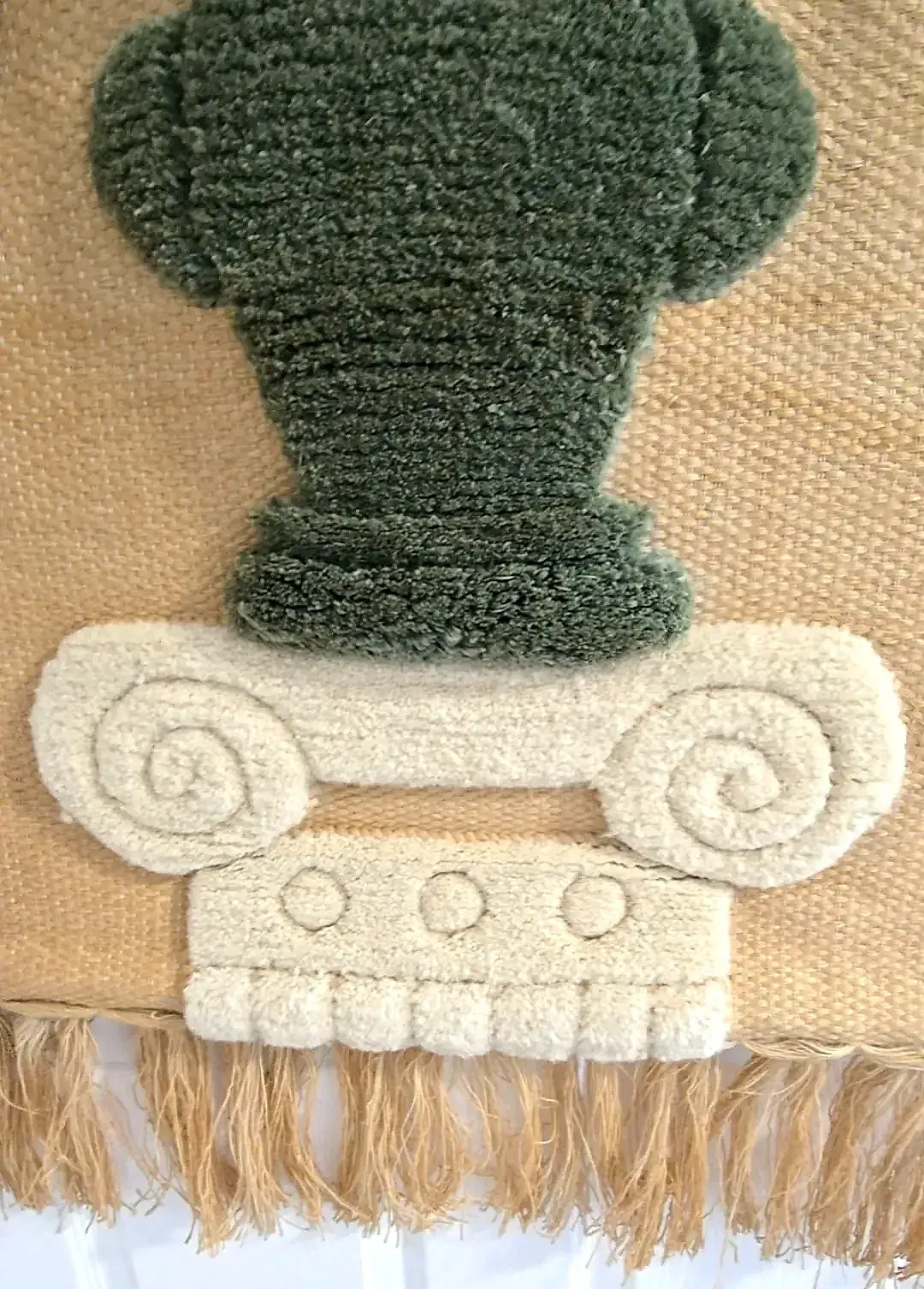 Vintage Jute Woven Wall Hanging 70s Boho Tufted Palm Urn Column Fiber Art Tag — maker's mark