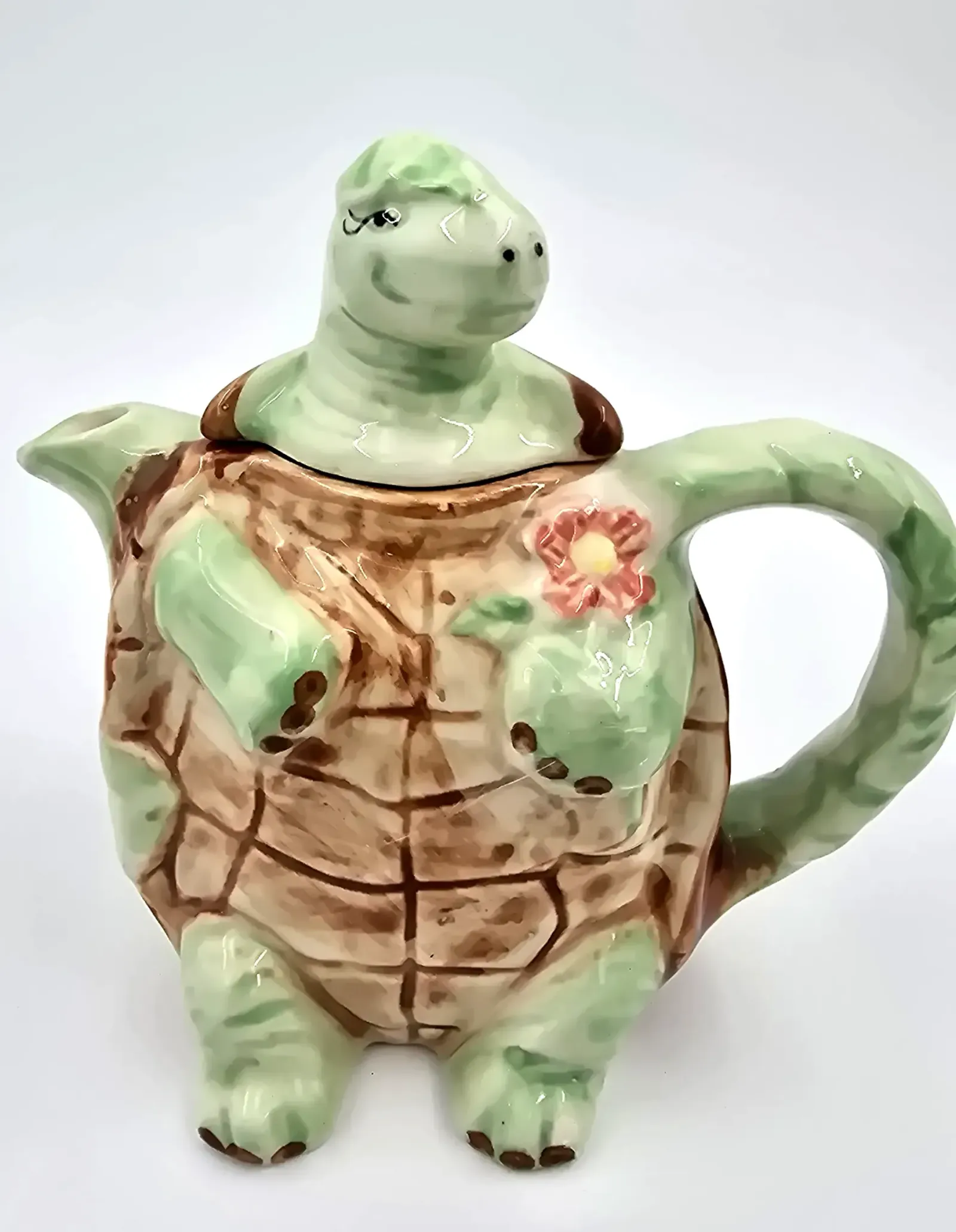 Vintage Figural Turtle Teapot Ceramic Tortoise Hand Painted Whimsical