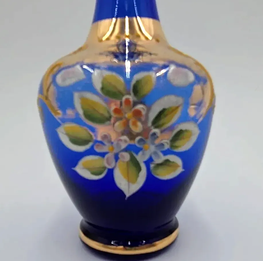 Vintage Cobalt Blue Art Glass Vase Hand Painted Floral Gold Gilt Bohemian Style
