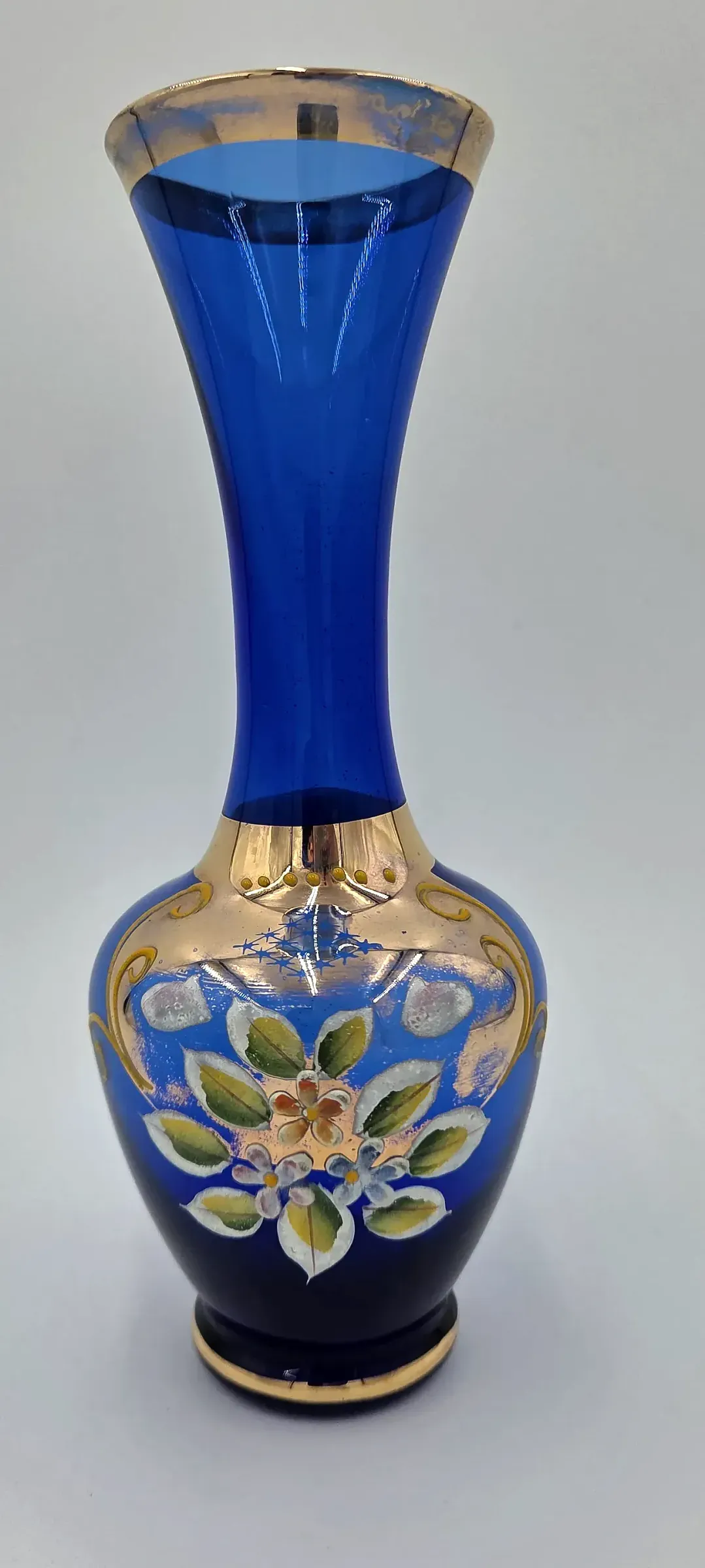 Vintage Cobalt Blue Art Glass Vase Hand Painted Floral Gold Gilt Bohemian Style
