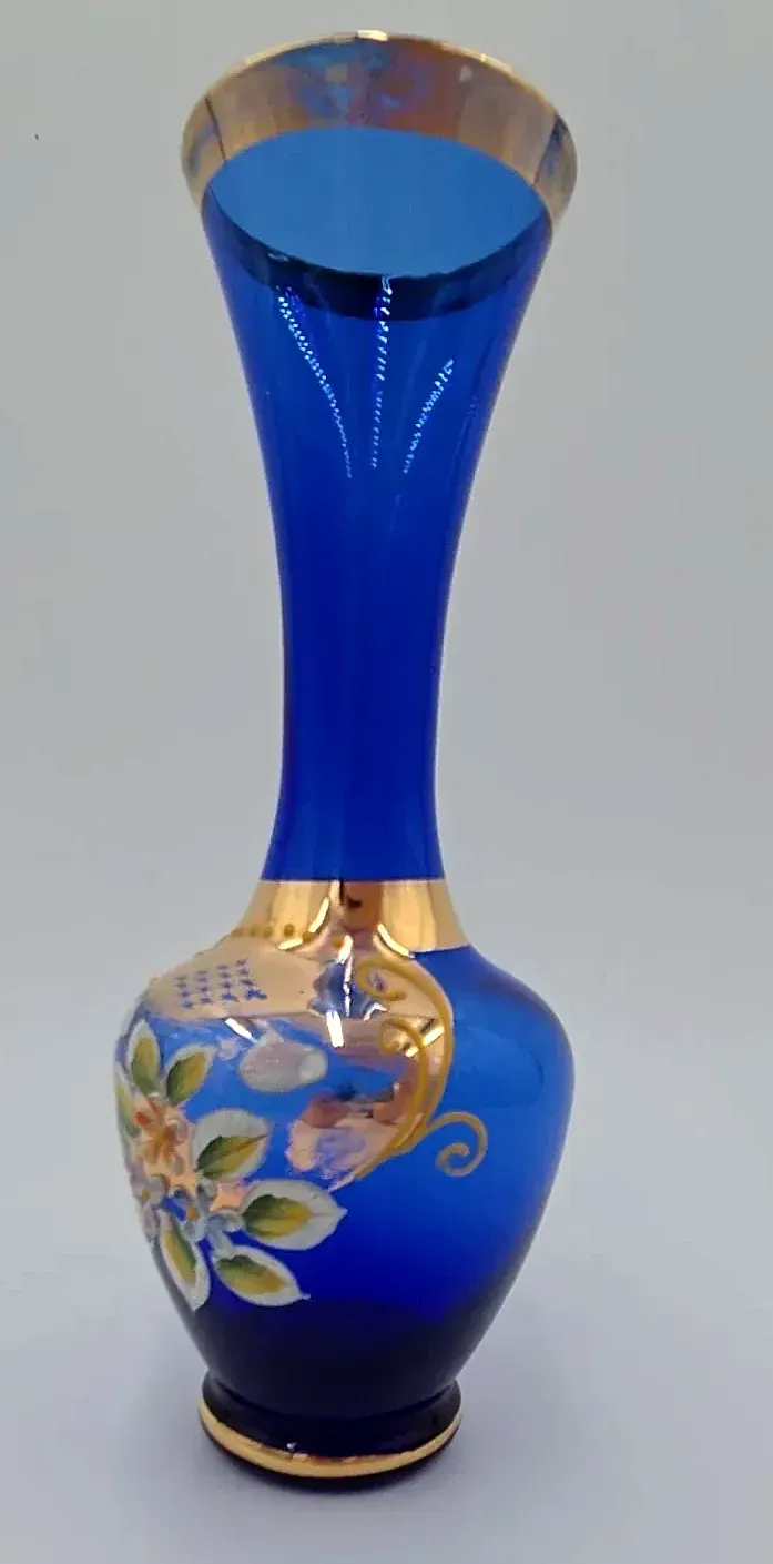 Vintage Cobalt Blue Art Glass Vase Hand Painted Floral Gold Gilt Bohemian Style