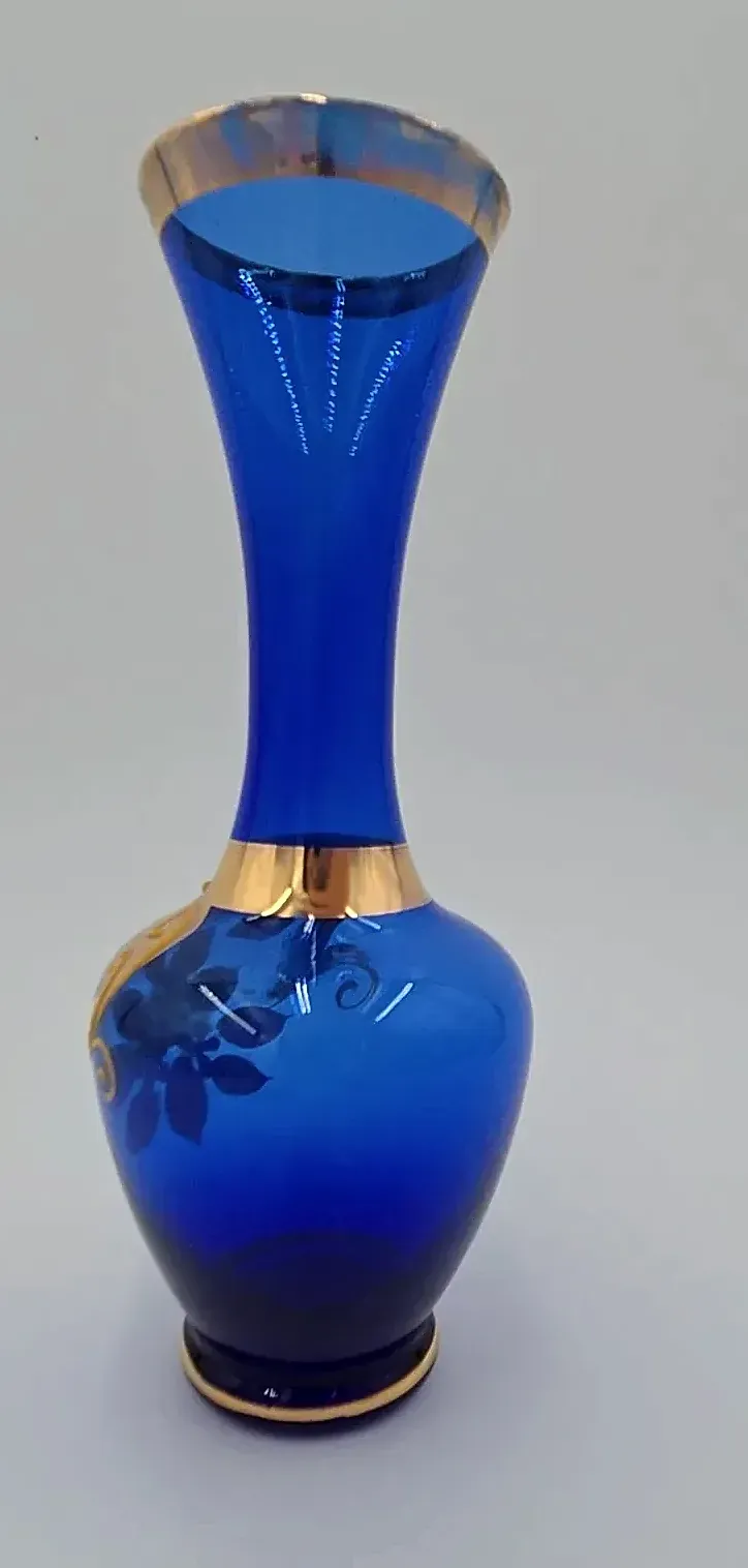 Vintage Cobalt Blue Art Glass Vase Hand Painted Floral Gold Gilt Bohemian Style