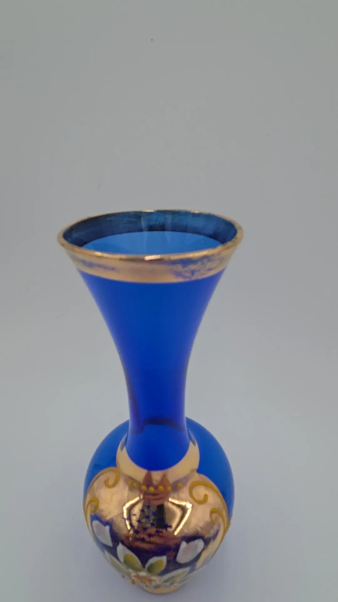 Vintage Cobalt Blue Art Glass Vase Hand Painted Floral Gold Gilt Bohemian Style
