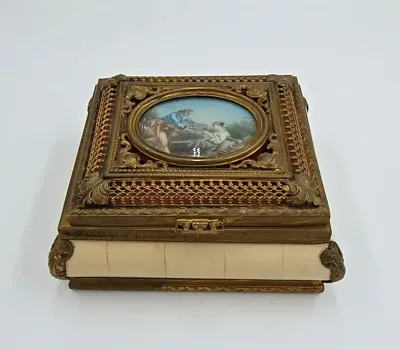 Antique Italian Gilt Metal Jewelry Casket Boucher Scene Velvet Lined