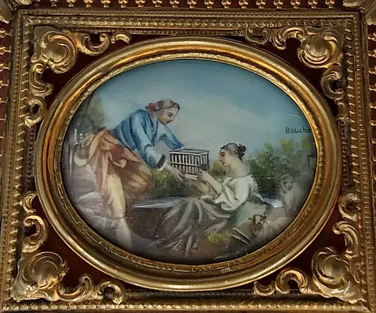 Antique Italian Gilt Metal Jewelry Casket Boucher Scene Velvet Lined — maker's mark