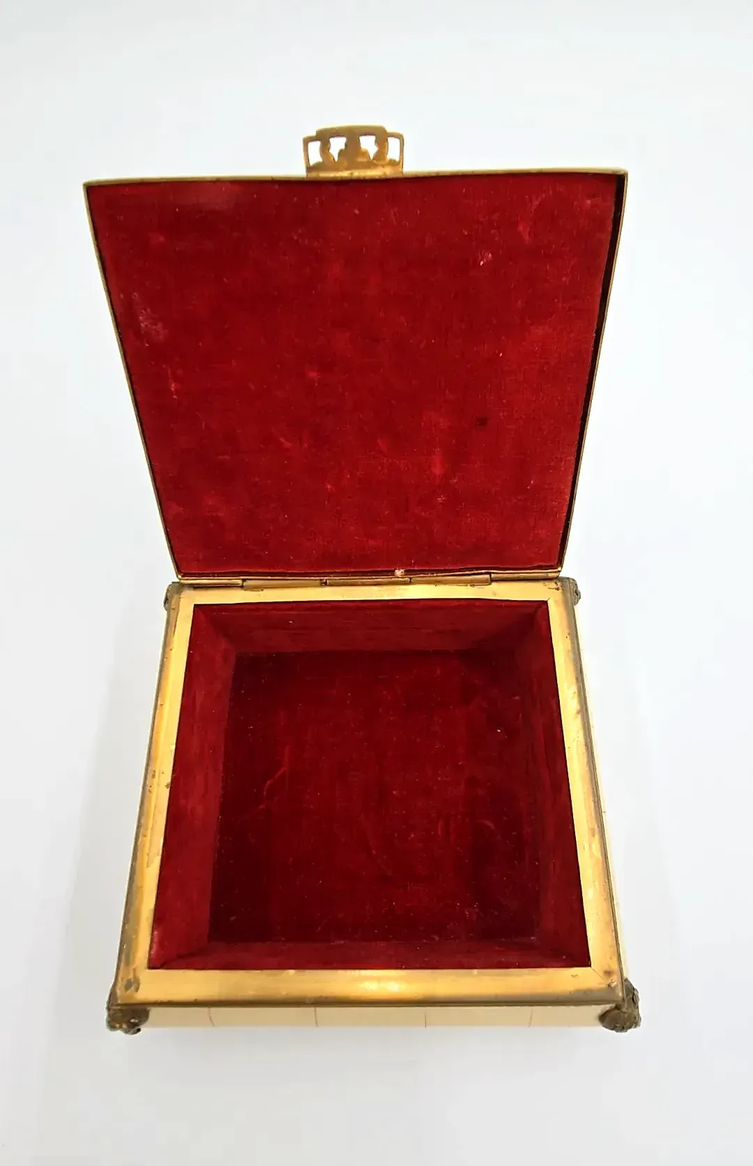 Antique Italian Gilt Metal Jewelry Casket Boucher Scene Velvet Lined — side view